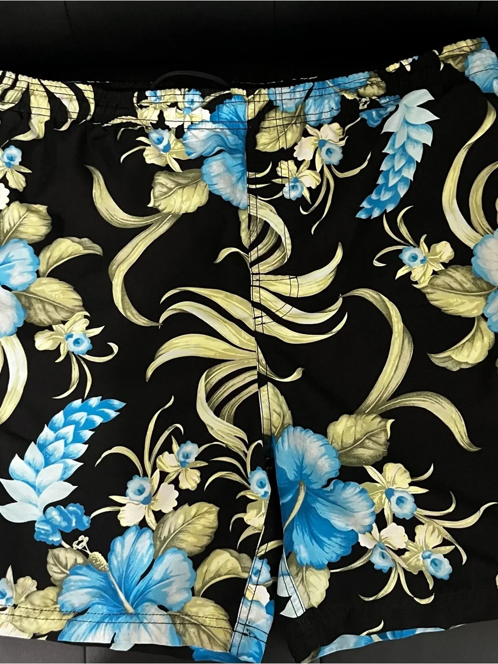 Black Floral Swim Shorts with Blue and Green Hibiscus Print